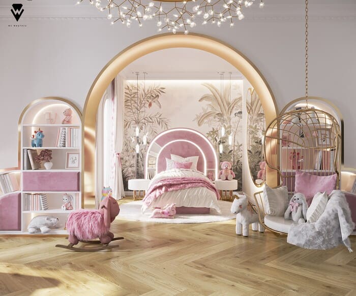 Luxury girls room design with pink and gol decor