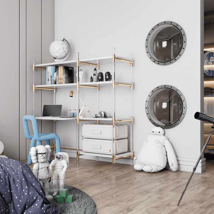 luxurious study space for a little astronaut with a fantastic bookcase desk