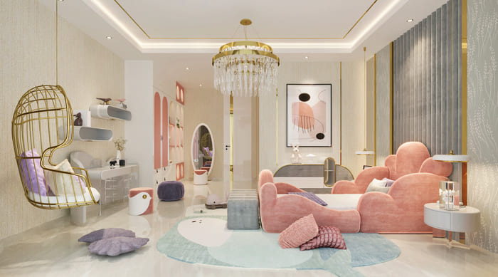 luxurious bedroom for a girl with magnificent details in both areas