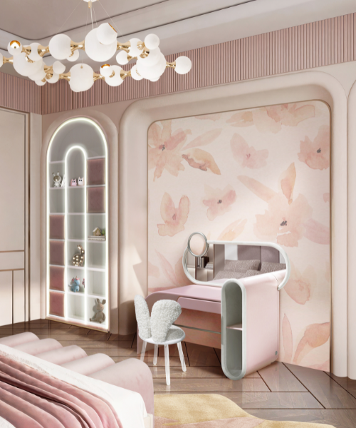 A Dreamy Escape: A Girl's Luxury Bedroom in Pastel Pink with a Cozy Dressing Corner