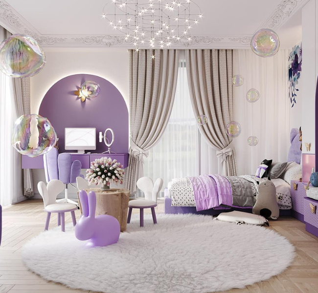 A purple toned bedroom