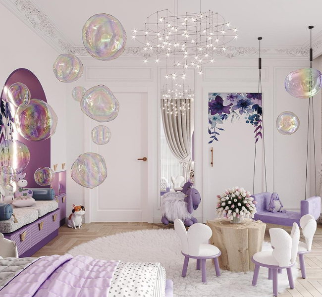 A purple toned bedroom