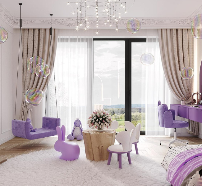 A purple toned bedroom