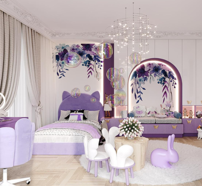 A purple toned bedroom