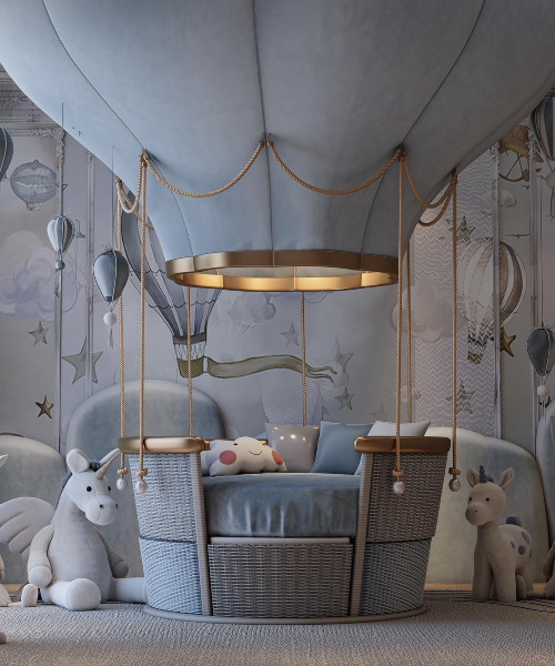 A Soft Blue-Toned Kids' Bedroom With Fantasy Air Balloon