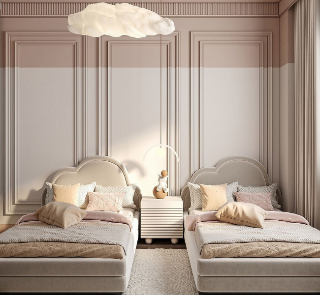 Elegant Minimalism Meets Soft Hues: Designing a Dreamy Twin Bedroom