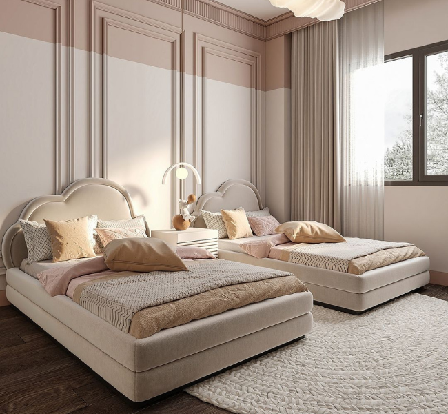 Elegant Minimalism Meets Soft Hues: Designing a Dreamy Twin Bedroom