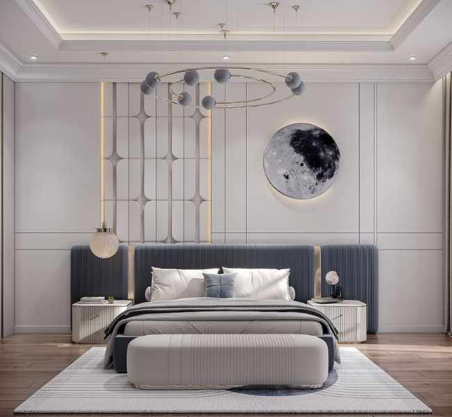 Modern Minimalist Bedroom with Elegant Space-Themed Décor