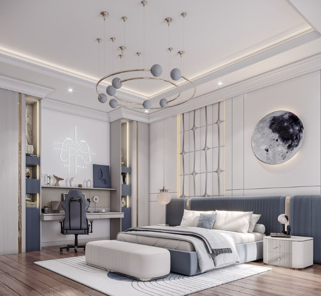 Modern Minimalist Bedroom with Elegant Space-Themed Décor
