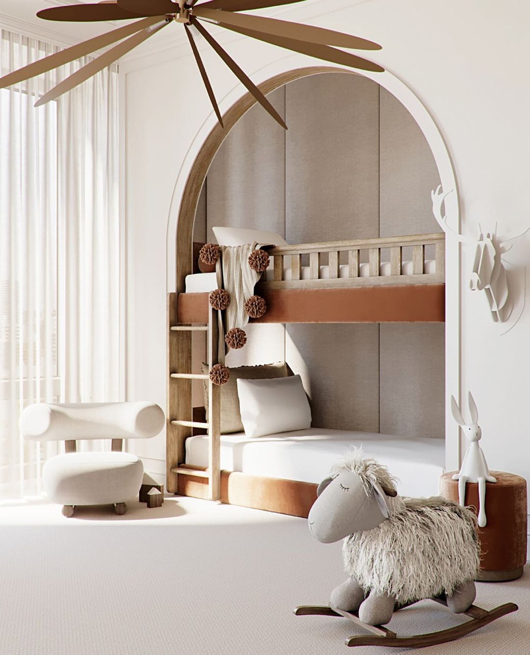 Neutral shared kids bedroom designed by Beindesign