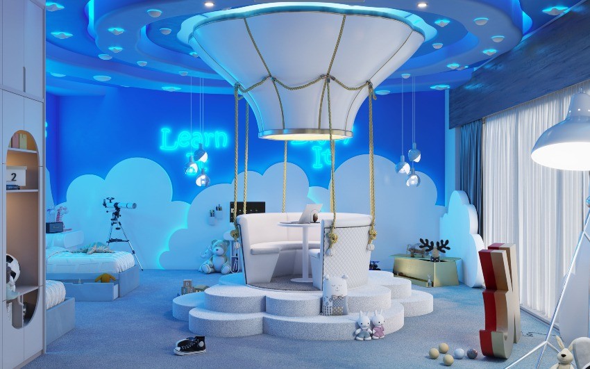 Full-Color Whimsy: A Kids' Bedroom Design In Neon Blue